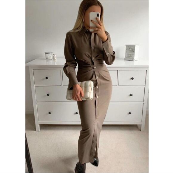 Zara | Blogger Fav Taupe Brown Draped‎ Ruched Front Midi Button-down Dress Sz M - Picture 9 of 12